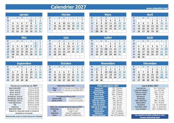 Calendrier 2027 pratique avec jours fériés, fêtes et vacances à télécharger et imprimer