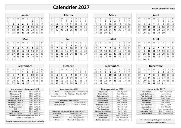 Calendrier 2027 avec jours fériés et numéros de semaine à imprimer, modèle gris au format paysage