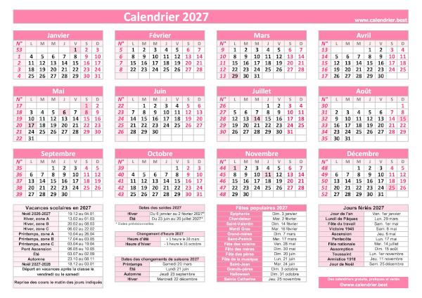 Calendrier 2027 avec jours fériés et numéros de semaine à imprimer, modèle rose au format paysage