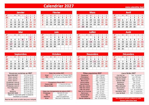 Calendrier 2027 avec jours fériés et numéros de semaine à imprimer, modèle rouge au format paysage