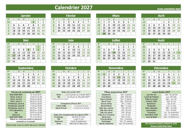 Calendrier 2027 avec jours fériés et numéros de semaine à imprimer, modèle vert au format paysage