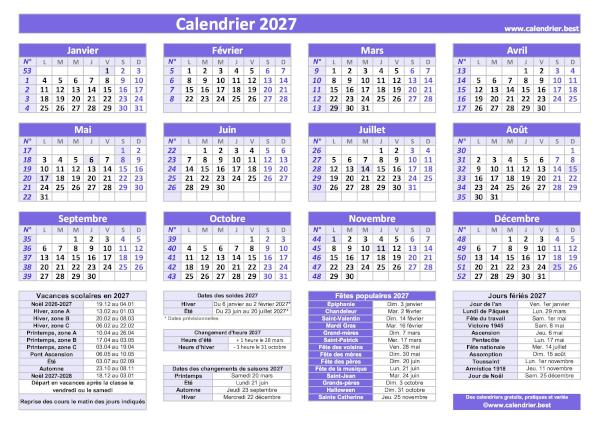 Calendrier 2027 avec jours fériés et numéros de semaine à imprimer, modèle violet au format paysage