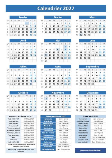 Calendrier 2027 bleu avec jours fériés et numéros de semaine à imprimer au format portrait