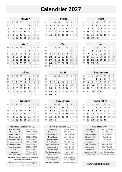 Calendrier 2027 avec jours fériés et numéros de semaine à imprimer, modèle gris au format portrait