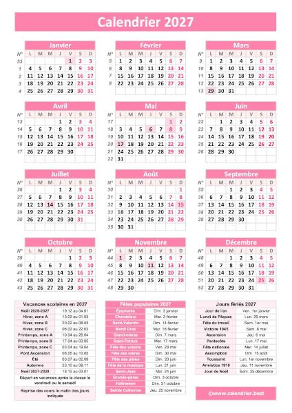 Calendrier 2027 avec jours fériés et numéros de semaine à imprimer, modèle rose au format portrait