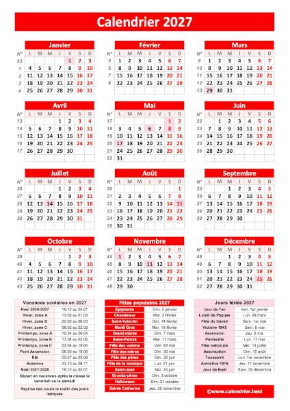 Calendrier 2027 avec jours fériés et numéros de semaine à imprimer, modèle rouge au format portrait