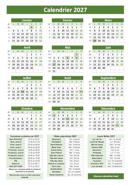 Calendrier 2027 avec jours fériés et numéros de semaine à imprimer, modèle vert au format portrait