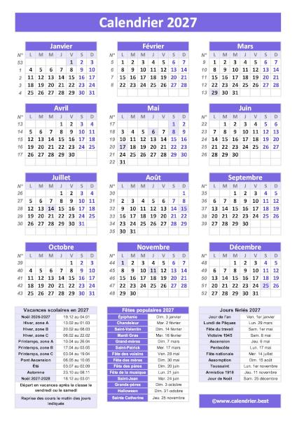 Calendrier 2027 avec jours fériés et numéros de semaine à imprimer, modèle violet au format portrait