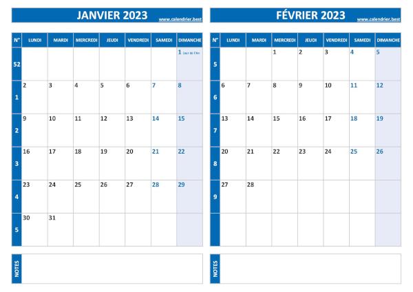 Calendrier 2023 bimestriel pour les mois de janvier et février.