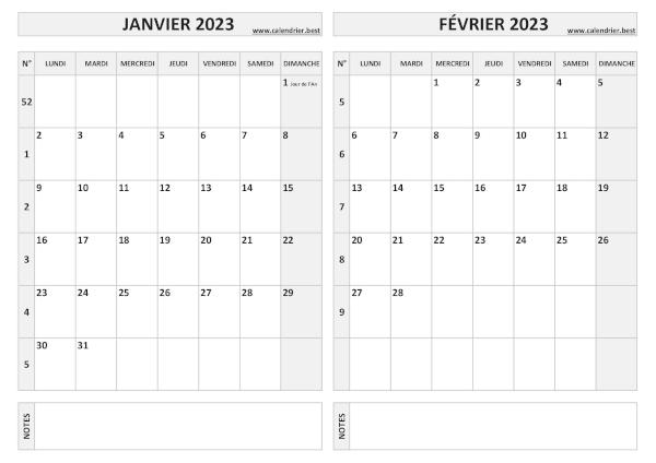 Calendrier 2023 bimestriel pour les mois de janvier et février.