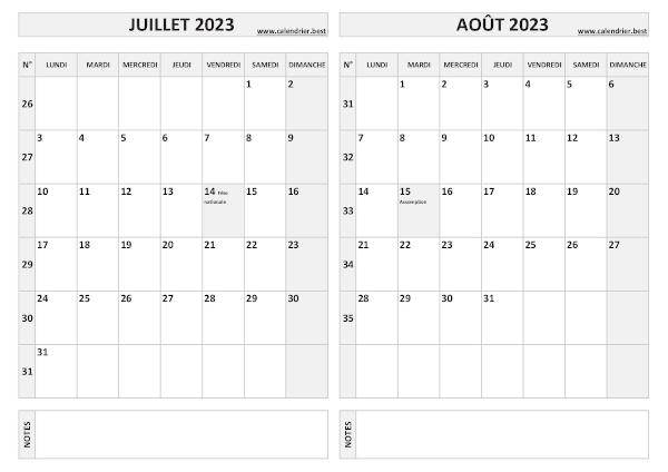 Calendrier 2023 bimestriel pour les mois de juillet et août.