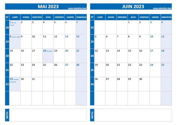 Calendrier 2023 bimestriel pour les mois de mai et juin.