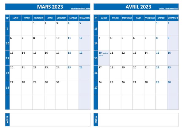 Calendrier 2023 bimestriel pour les mois de mars et avril.