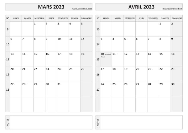 Calendrier 2023 bimestriel pour les mois de mars et avril.