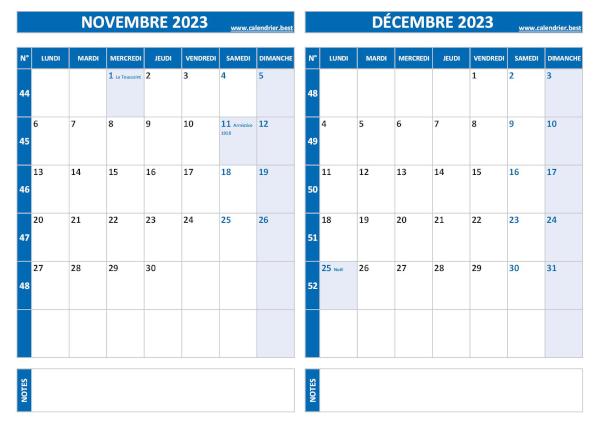 Calendrier 2023 bimestriel pour les mois de novembre et décembre.