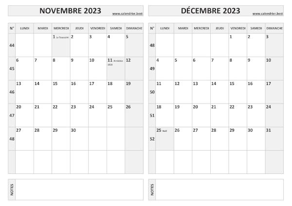 Calendrier 2023 bimestriel pour les mois de novembre et décembre.