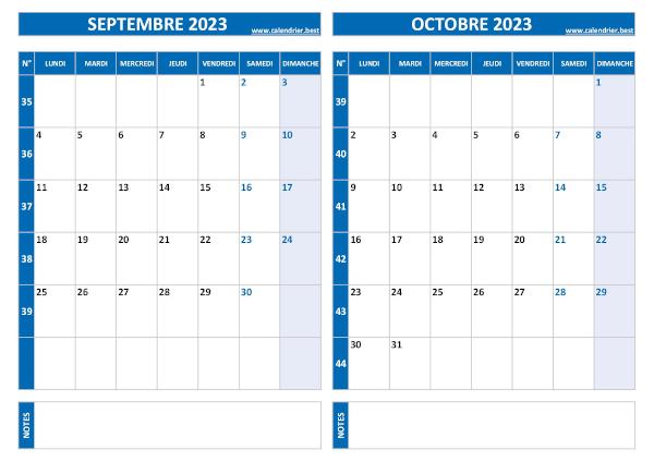 Calendrier 2023 bimestriel pour les mois de septembre et octobre.
