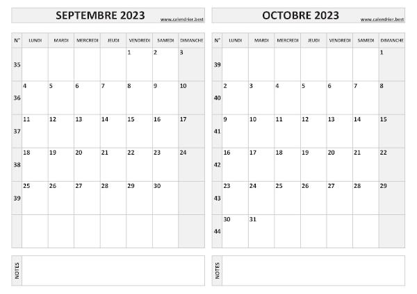 Calendrier 2023 bimestriel pour les mois de septembre et octobre.