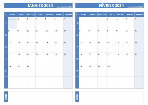 Calendrier 2024 bimestriel pour les mois de janvier et février.