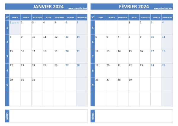 Calendrier bimestriel 2024 à imprimer pour les mois de janvier et février. Calendrier 2024 bimestriel pour les mois de janvier et février.