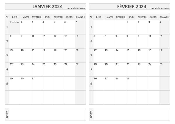 Calendrier bimestriel 2024 à imprimer pour les mois de janvier et février, thème gris. Calendrier 2024 bimestriel pour les mois de janvier et février.