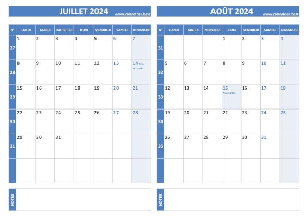 Calendrier bimestriel 2024 à imprimer pour les mois de juillet et août, thème bleu. Calendrier 2024 bimestriel pour les mois de juillet et août.