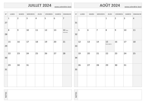 Calendrier 2024 bimestriel pour les mois de juillet et août.