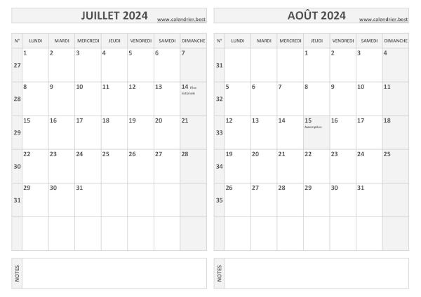 Calendrier bimestriel 2024 à imprimer pour les mois de juillet et août, thème gris. Calendrier 2024 bimestriel pour les mois de juillet et août.