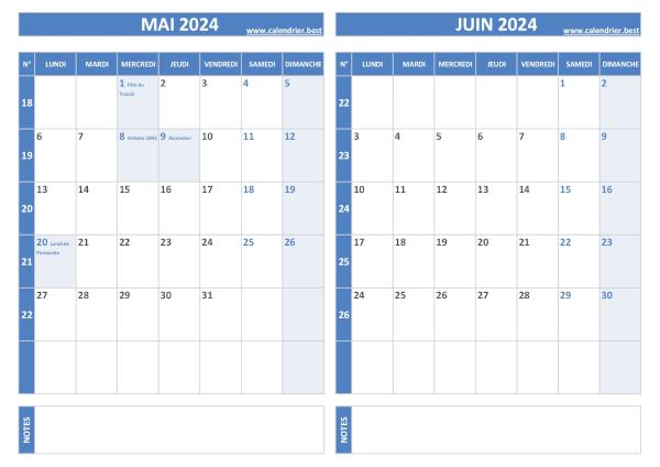 Calendrier 2024 bimestriel pour les mois de mai et juin.