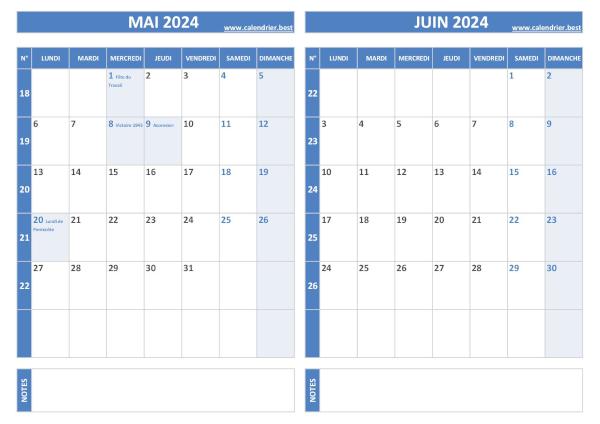 Calendrier bimestriel 2024 à imprimer pour les mois de mai et juin, thème bleu. Calendrier 2024 bimestriel pour les mois de mai et juin.