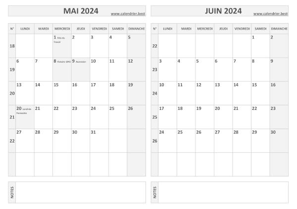 Calendrier 2024 bimestriel pour les mois de mai et juin.