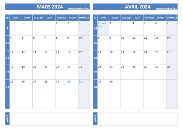 Calendrier bimestriel 2024 à imprimer pour les mois de mars et avril, thème bleu. Calendrier 2024 bimestriel pour les mois de mars et avril.