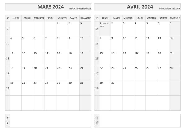 Calendrier bimestriel 2024 à imprimer pour les mois de mars et avril, thème gris. Calendrier 2024 bimestriel pour les mois de mars et avril.