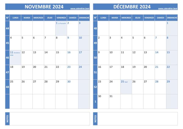 Calendrier 2024 bimestriel pour les mois de novembre et décembre.