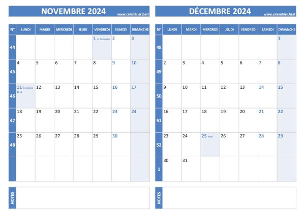 Calendrier bimestriel 2024 à imprimer pour les mois de novembre et décembre, thème bleu. Calendrier 2024 bimestriel pour les mois de novembre et décembre.