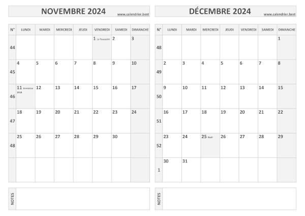 Calendrier 2024 bimestriel pour les mois de novembre et décembre.