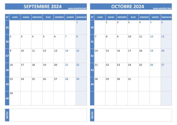 Calendrier 2024 bimestriel pour les mois de septembre et octobre.
