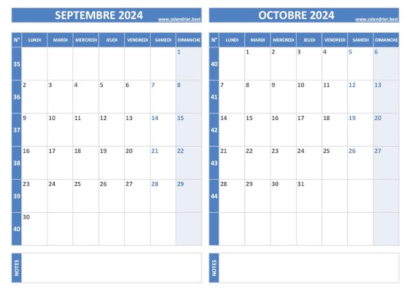 Calendrier bimestriel 2024 à imprimer pour les mois de septembre et octobre, thème bleu. Calendrier 2024 bimestriel pour les mois de septembre et octobre.