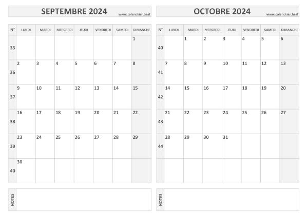 Calendrier bimestriel 2024 à imprimer pour les mois de septembre et octobre, thème gris. Calendrier 2024 bimestriel pour les mois de septembre et octobre.