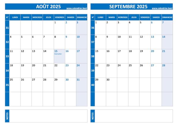 Calendrier Août Septembre 2025 avec les numéros des semaiens paires et impaires.