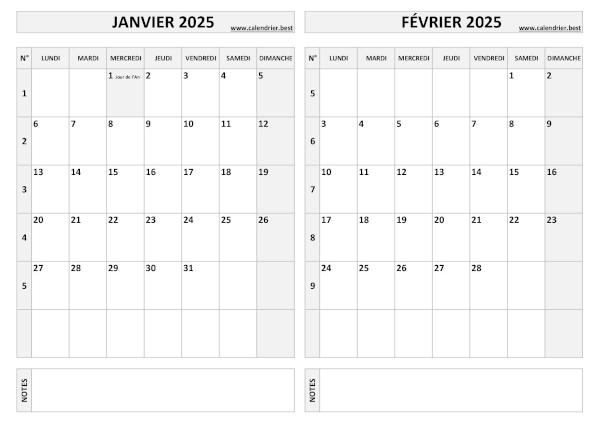 Calendrier bimestriel 2025 à imprimer pour les mois de janvier et février, thème gris. Calendrier 2025 bimestriel pour les mois de janvier et février.