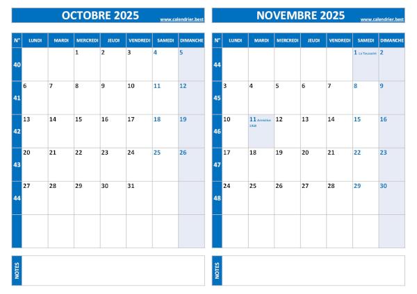 Calendrier Octobre Novembre 2025 avec les numéros des semaiens paires et impaires.
