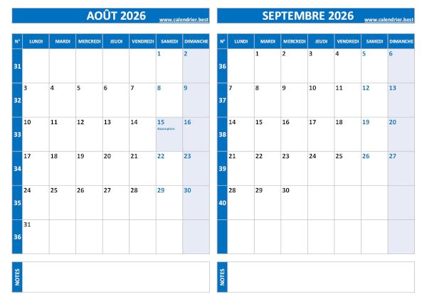 Calendrier Août Septembre 2026 avec les numéros des semaines paires et impaires.