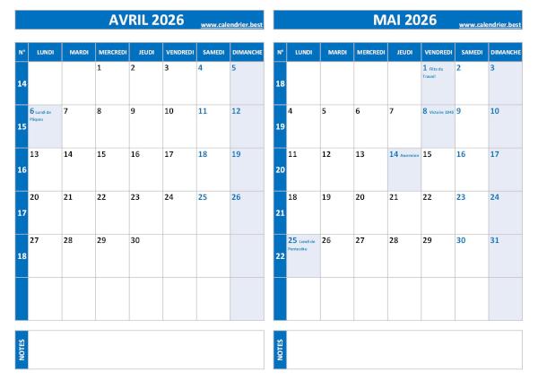 Calendrier Avril Mai 2026 avec les numéros des semaines paires et impaires.