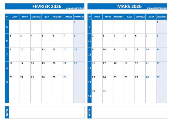 Calendrier Février Mars 2026 avec les numéros des semaines paires et impaires.