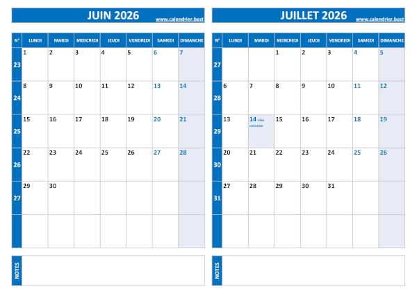 Calendrier Juin Juillet 2026 avec les numéros des semaines paires et impaires.