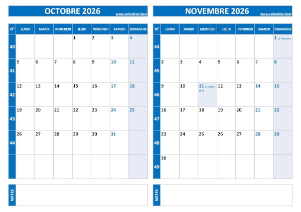 Calendrier Octobre Novembre 2026 avec les numéros des semaines paires et impaires.
