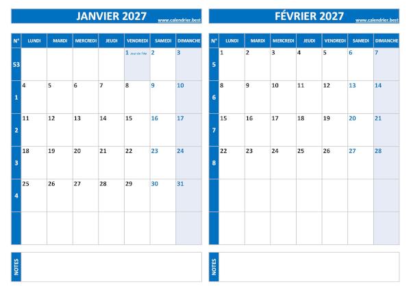 Calendrier bimestriel 2027 à imprimer pour les mois de janvier et février. Calendrier 2027 bimestriel pour les mois de janvier et février.