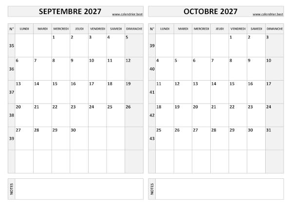 Calendrier bimestriel 2027 à imprimer pour les mois de septembre et octobre, thème gris. Calendrier 2027 bimestriel pour les mois de septembre et octobre.