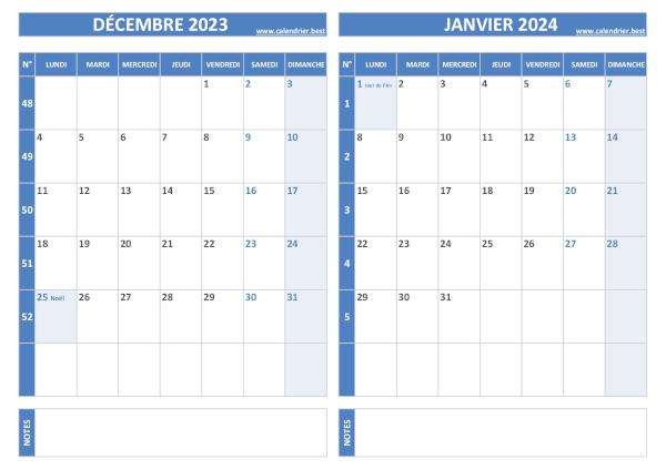 Calendrier décembre 2023 janvier 2024.